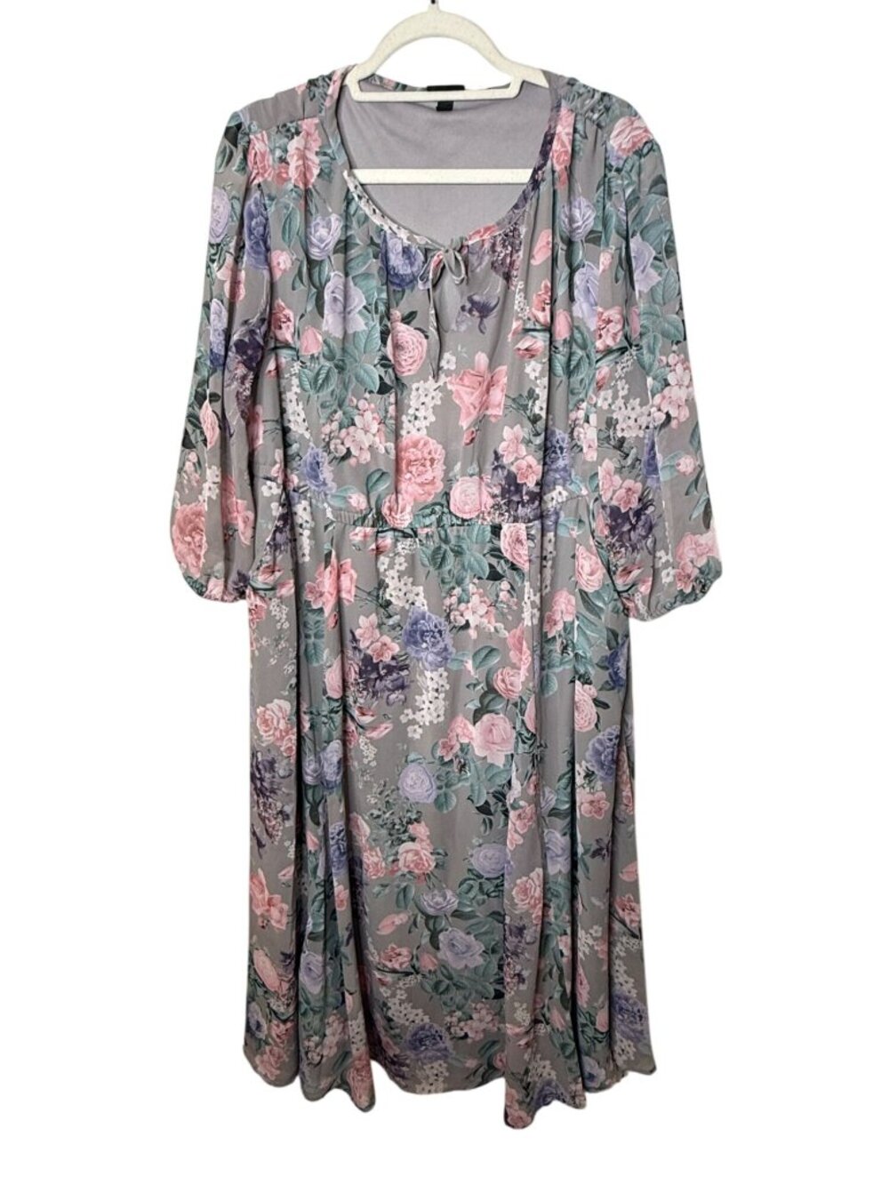 Torrid 1 Gray Floral Maxi Dress Pockets Romantic Boho Cottagecore 3/4 Sleeve